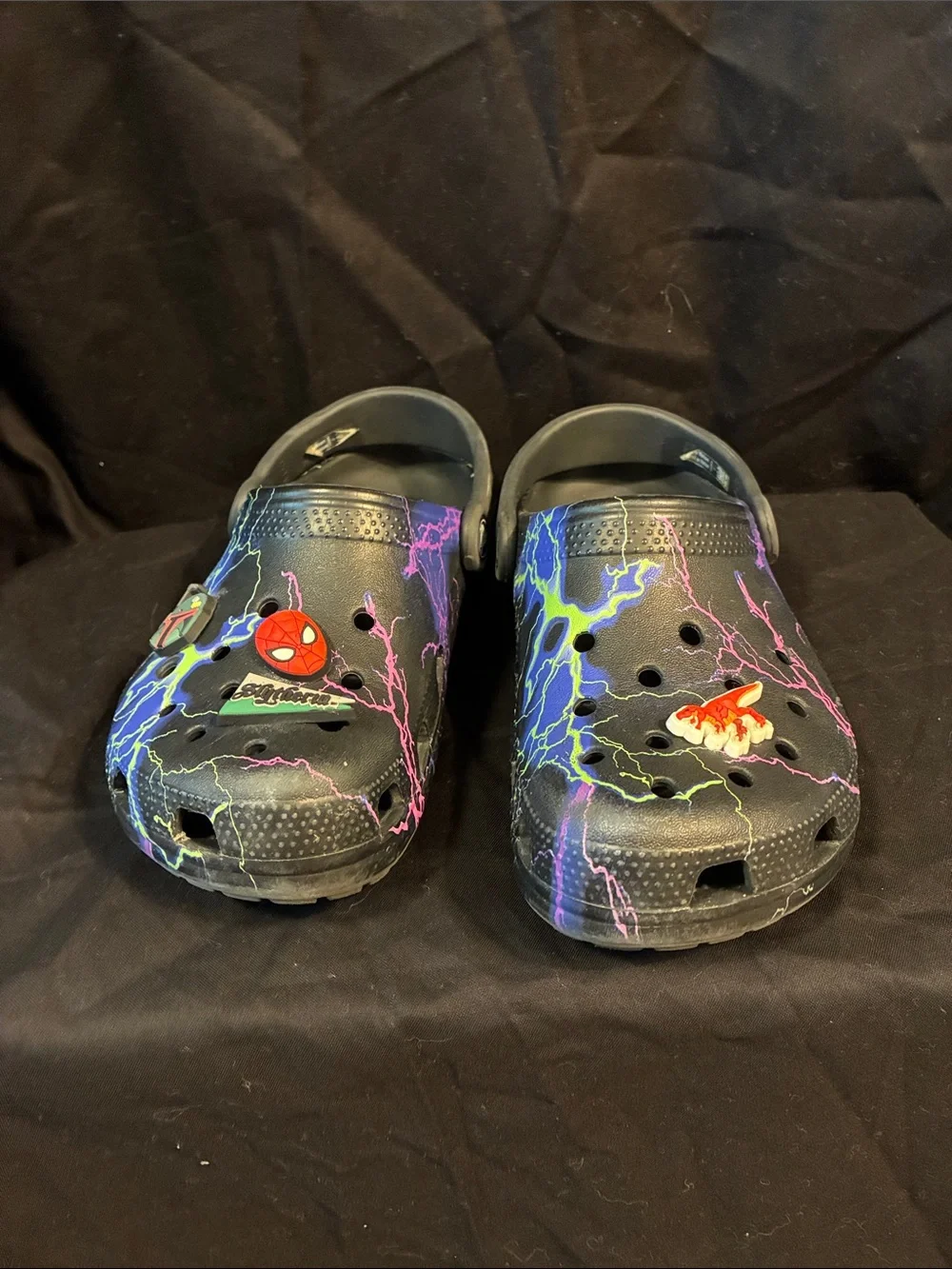 CROCS Kids Clog with Neon Lightning Print - Black, Purple, Blue